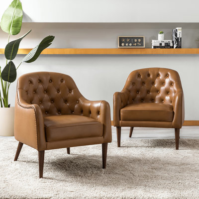 Meiyi 28.5" Wide Genuine Leather Barrel Chair Set of 2
