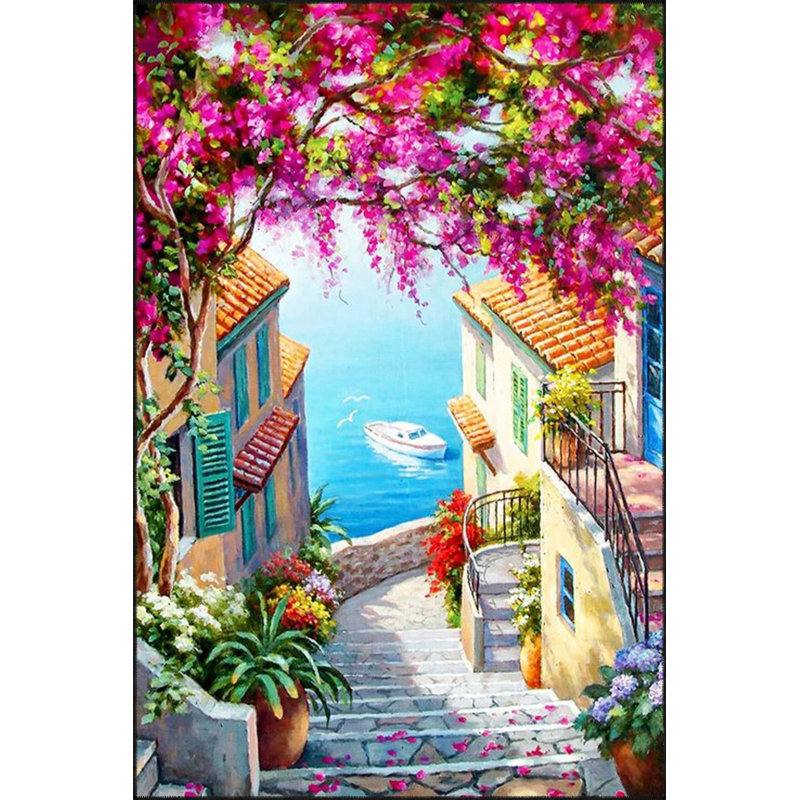 Patterned Washable Carpet With Street And Sea Views, Round 4'