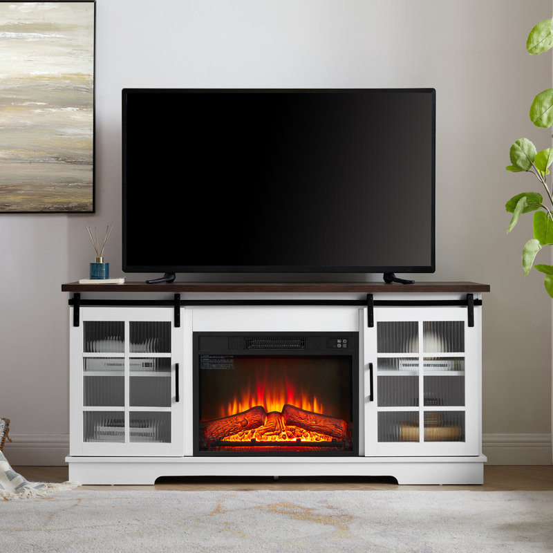 59" Modern Industrial Tv Stand With 23" Electric Fireplace,glass Door Cabinets For Living Room, White/Brown