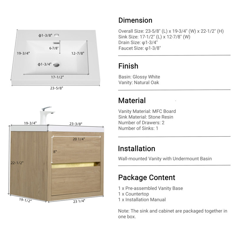 24" Wall-Mounted Bathroom Vanity With Sink