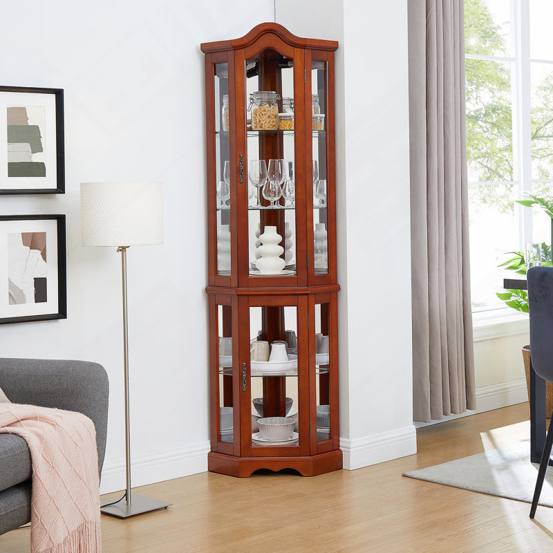 Corner Curio Cabinet With Lights, Tempered Glass Shelves, A Mirrored Back, And A Display Cabinet