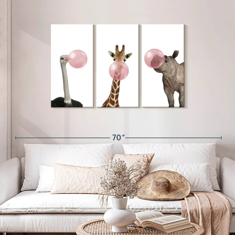 Ensemble de 3 animaux rigolos sur toile, H 28 po x l 45 po