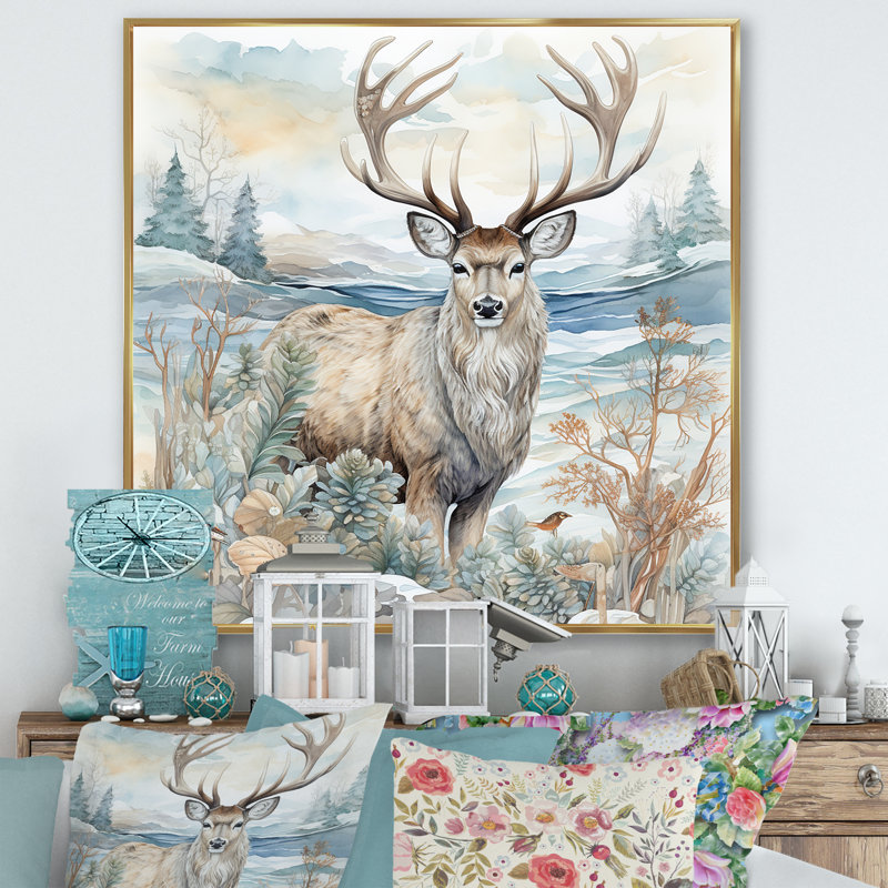 «Deer Charm In Winter I», reproduction sur toile, H 30 po x l 30 po x P 1 po, Cadre flottant doré