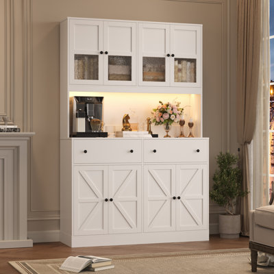 71" Kitchen Pantry with Charging Station, LED Light and Microwave Shelf, Wooden Storage Cabinet