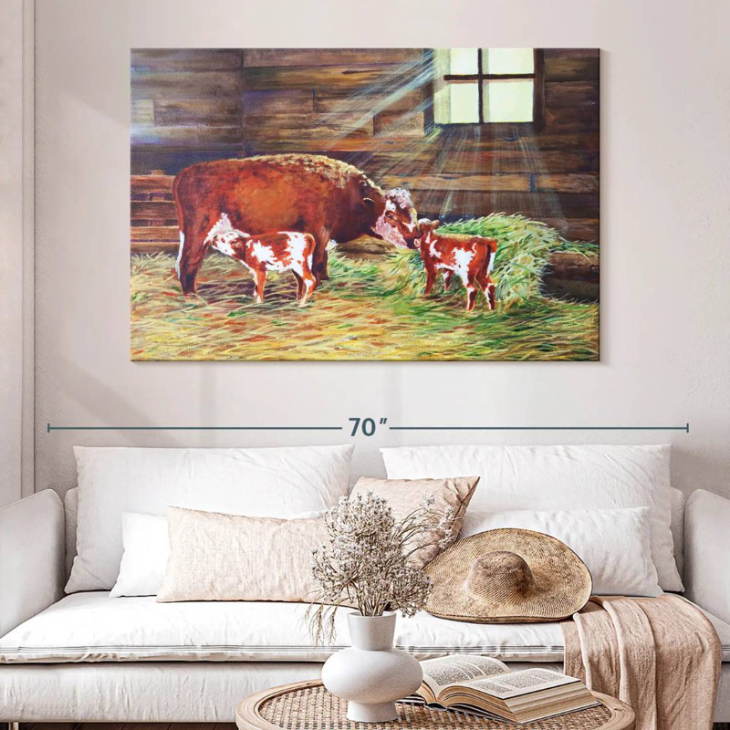 Peinture de famille de bovins, H 34 po x l 51 po