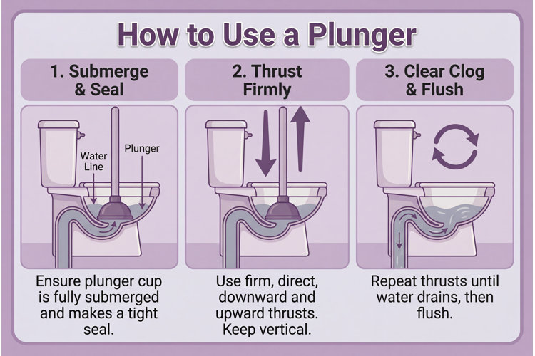 diagram showing how to use a plunger in 3 easy steps
