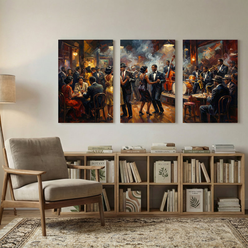 Abstrait scène de club de jazz avec danseurs et musiciens, ensemble de 3 impressions sur toile, H 30 po x l 60 po