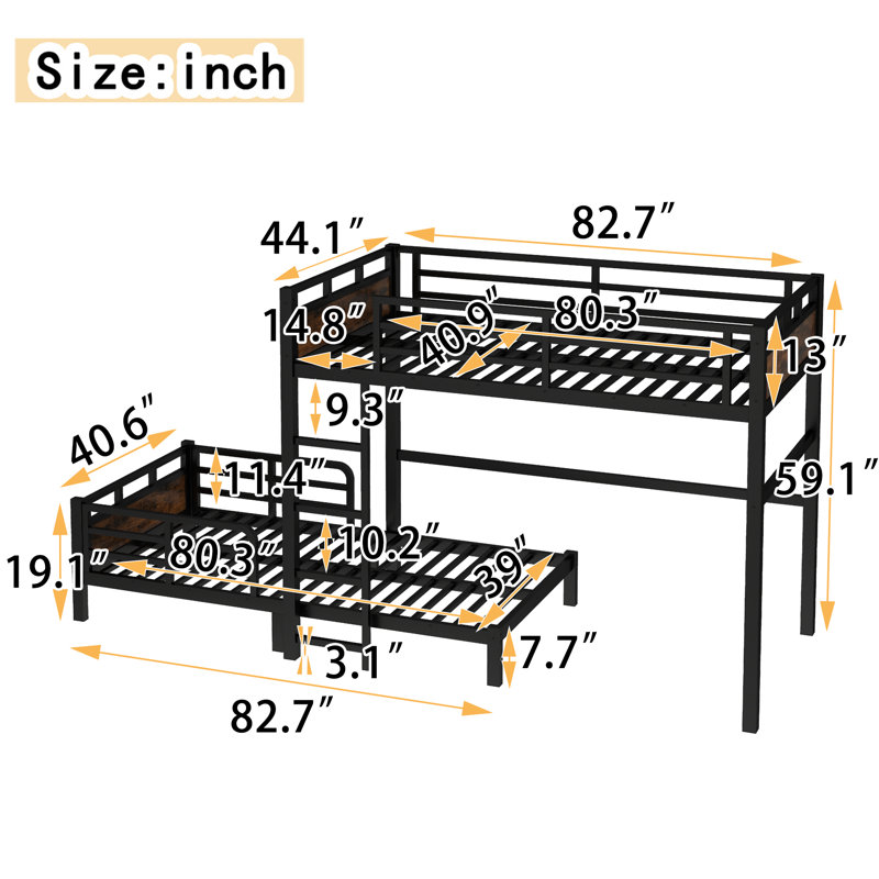 Twin XL Convertible Metal Bunk Bed, Split Loft and Platform Design, Vintage Black, Twin XL over Twin XL, Black/Dark Wood