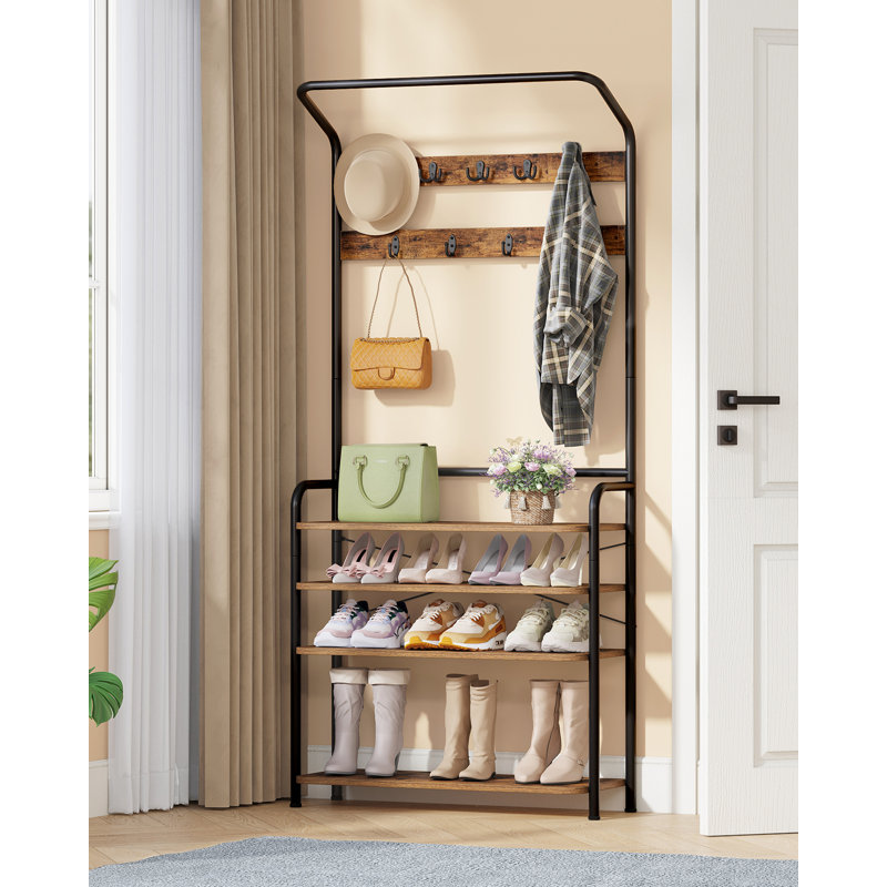 Coat Stand, Coat Rack with Shoe Storage and Adjustable Shelves, FreeStanding Metal Coat Hall Tree with 9 Hooks, 5 Shelves for Hallway, Living Room, Bedroom, Office