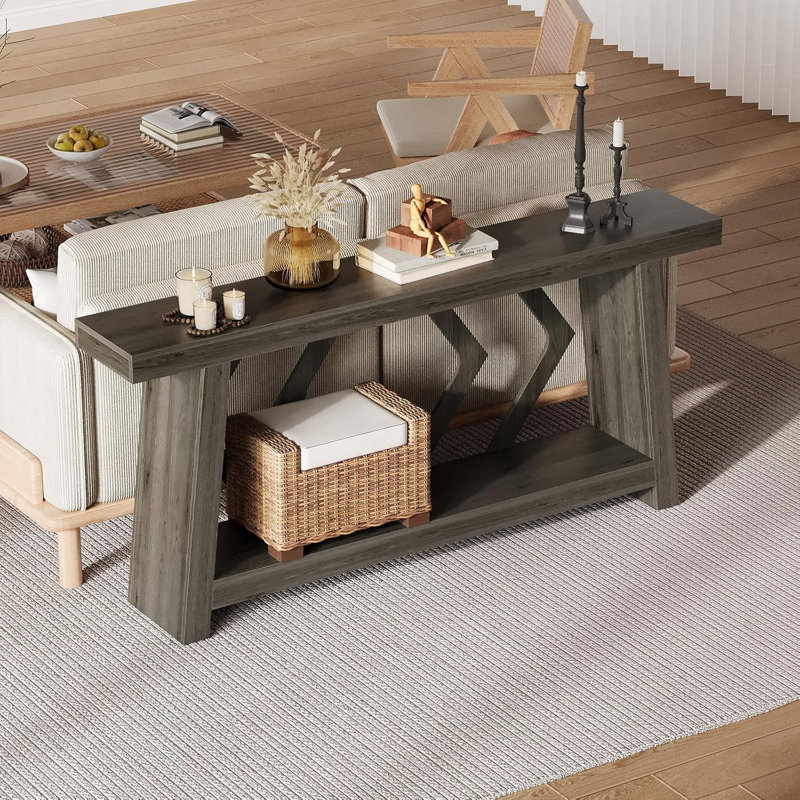 70.9" Console Table with Trapezoid Legs, Extra-Long 2-Tier Sofa Table for Entryway, Hallway, or Living Room, Gray Wood
