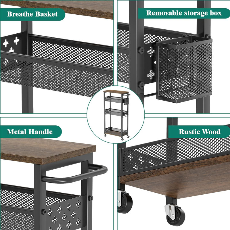 Chariot de rangement à roulettes 7,09 po - 3 niveaux avec rangement en bois
