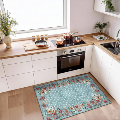 Tapis de salon à motif floral lavable Tapis doux résistant aux taches et à poils courts, antidérapant pour chambre à coucher, salle à manger
