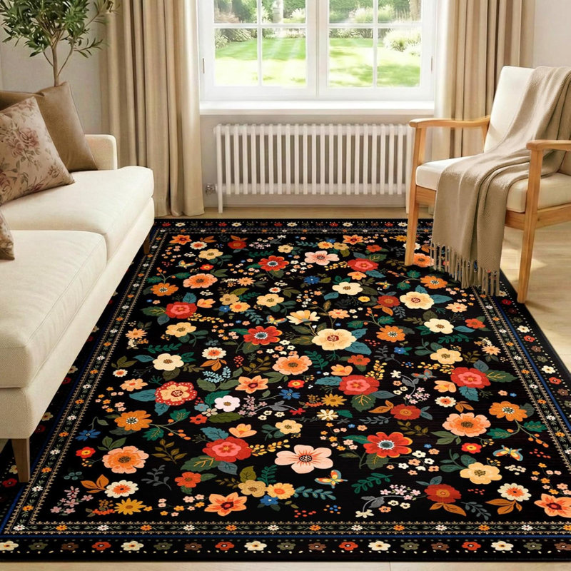 Machine Washable Rug Non-Slip Low Pile Floral Print Area Rug For Living Room Bedroom Dining Room Kids Room Bedside Kitchen Lounge