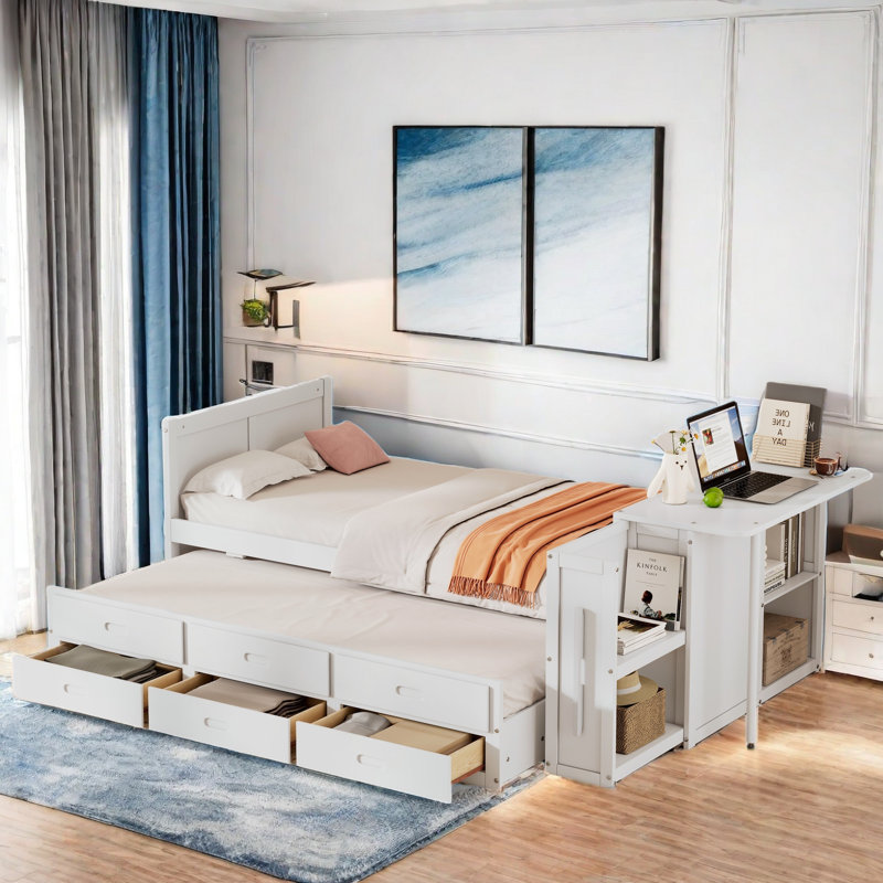 Multifunctional Marksbury With Desk And Storage Shelves, Built-in Trundle And 3 Drawers, White