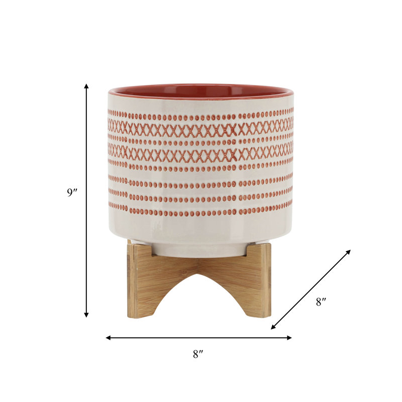Ceramic Planter for Indoor and Outdoor Use Orange Planter with Aztec Design on Wooden Stand, Red, 9" H x 8" W x 8" D