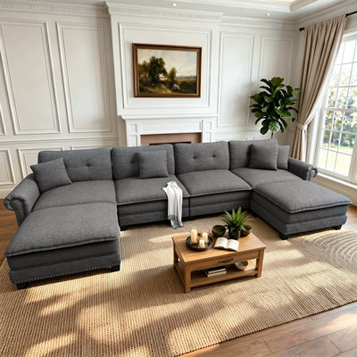 158" Modular Sectional Sofa With Nailhead Trim, Oversized U Shaped Couches With Ottomans, 6-seater Deep Seat Sofa With Throw Pillow