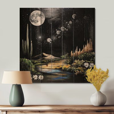 Glam Desert Moon avec cactus II - paysage mondial en bois, art mural sur bois de pin naturel