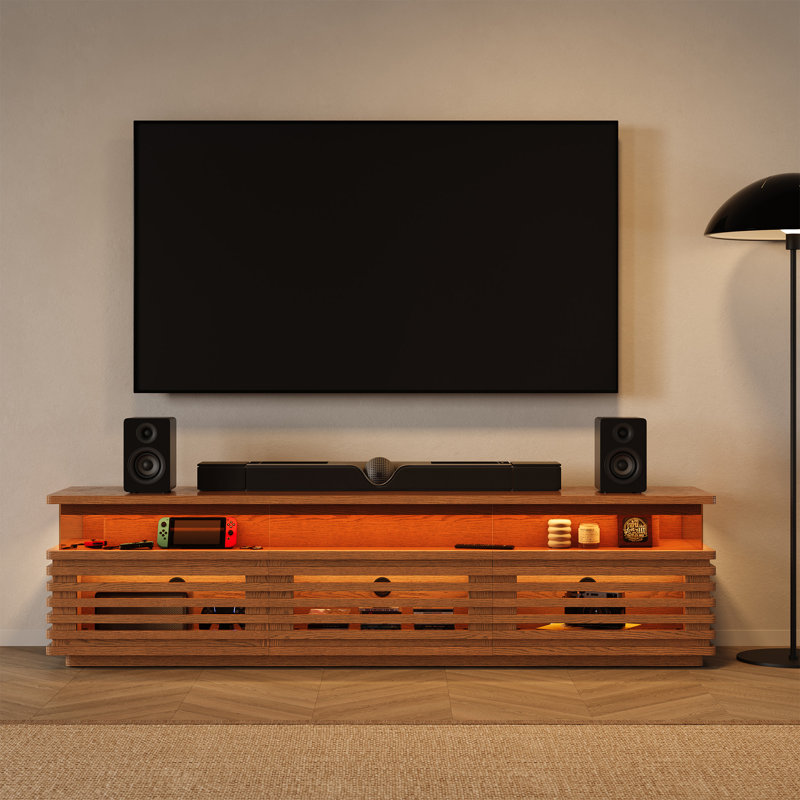 Selene Slatted Media Console With LED Lighting, No Assembly Required, Walnut, 20.47"H x 78.74"L x 17.72"W