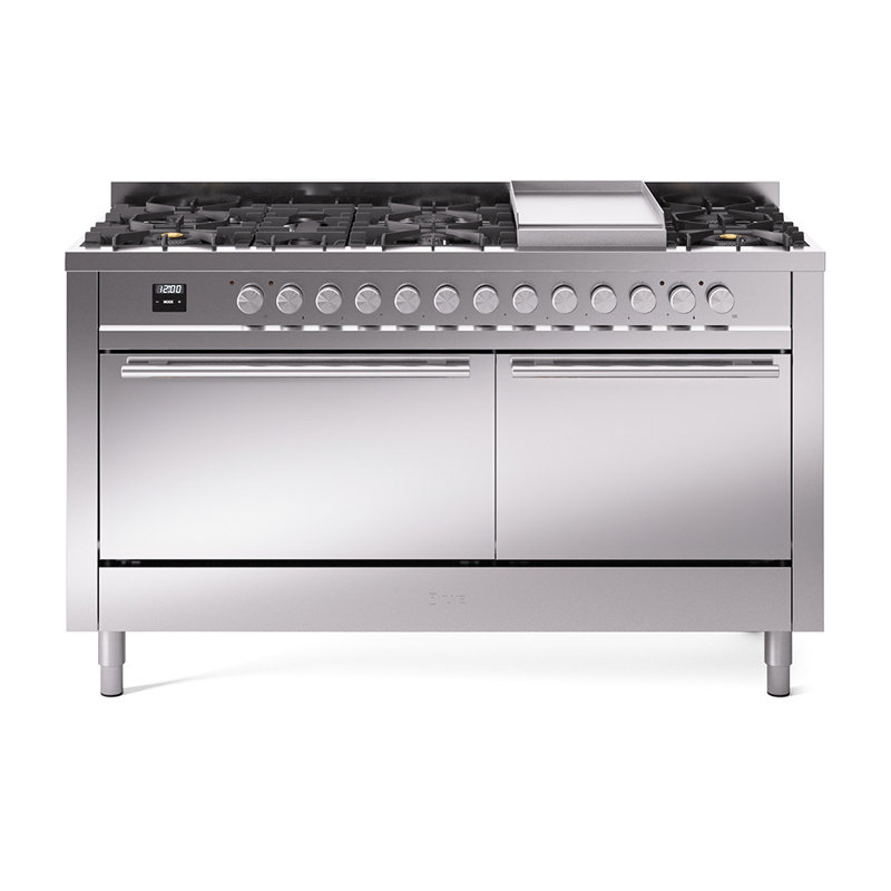 ILVE Professional Plus II 60 in Dual Fuel Range 9 Burner, Griddle, Stainless Steel, Natural Gas