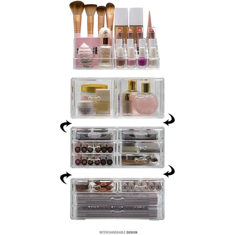 Marble and Clear Acrylic 12-Drawer Makeup Organizer Tower