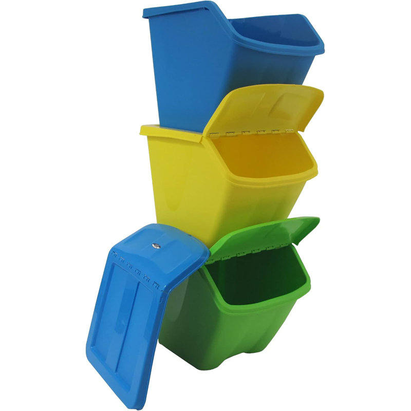  Bacs à volets empilables 10 gallons, ensemble de rangement recyclable 3 pièces, multicolore
