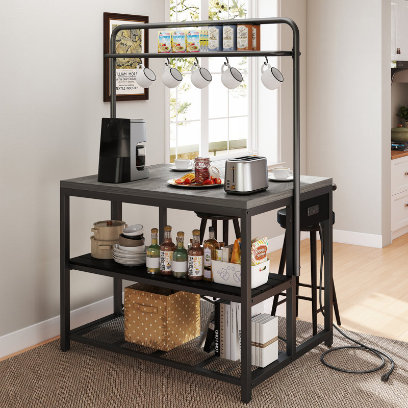 46''W Kitchen Island With Storage & USB Charging Station, Bakers Rack With 5 Racks, Gray
