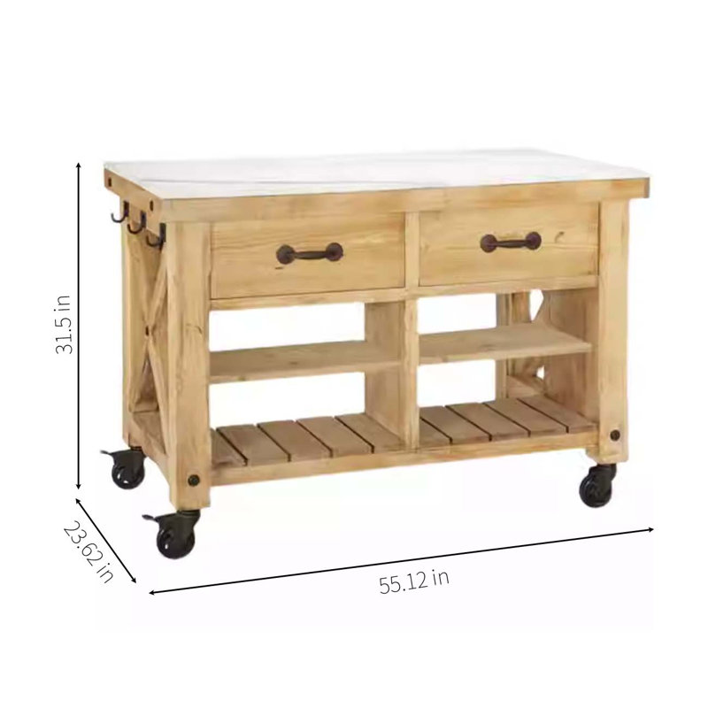 Movable solid wood slab island platform, 31.5" H x 55.12" W x 23.62" D