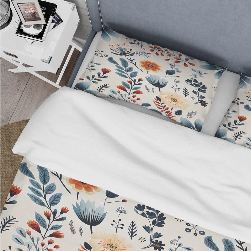 Ensemble de housse de couette Nordic Blue Bloom Scandinavian Floral II, Housse de couette simple + 1 taie décorative stan
