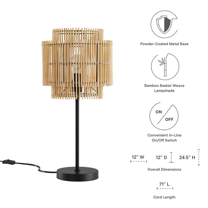Natural Bamboo and Black Metal Table Lamp with Woven Shade