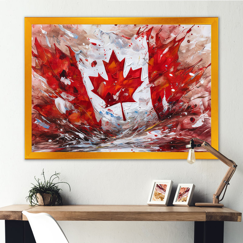 Drapeau canadien flottant - impressions sur toile, H 34 po x l 44 po, Encadrement doré