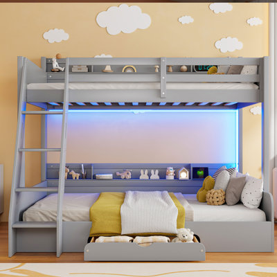Space-Saving Bunk Bed With LED Lights & Charging Station For Kids Rooms