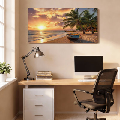 Scène de plage tropicale avec palmiers et bateau, reproduction d'art sur toile tendue sur toile, ensemble de 1