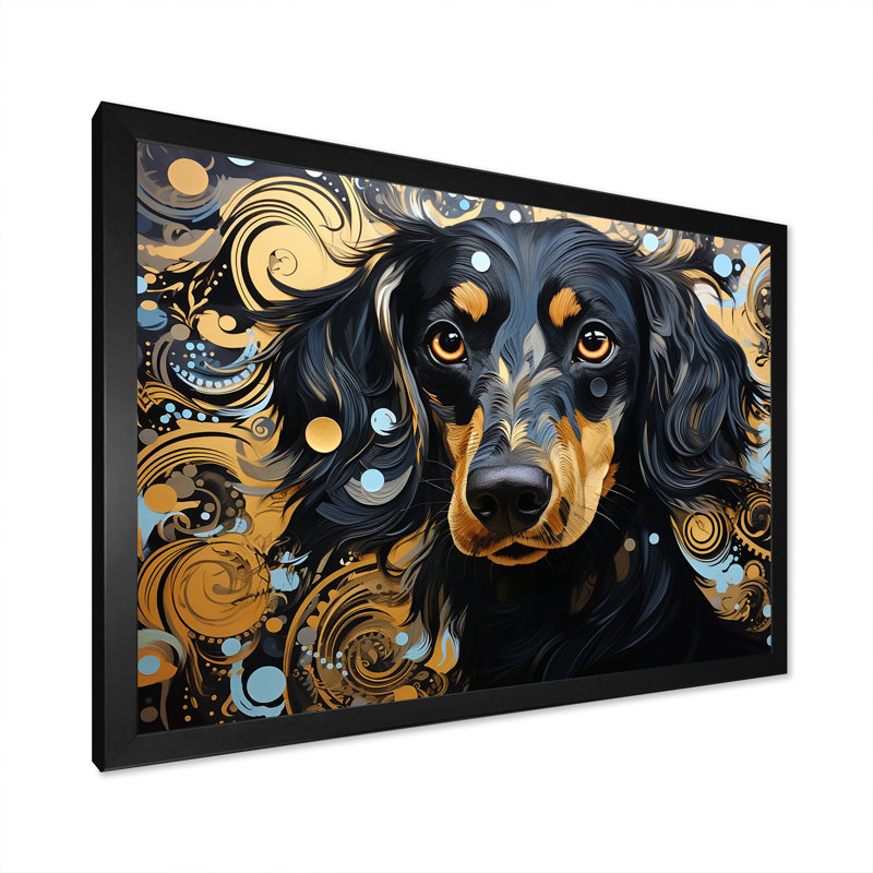 «Funny Daschund Portrait II», reproduction sur toile, Cadre d'angle fermé noir, H 34 po x l 44 po x P 1,5 po