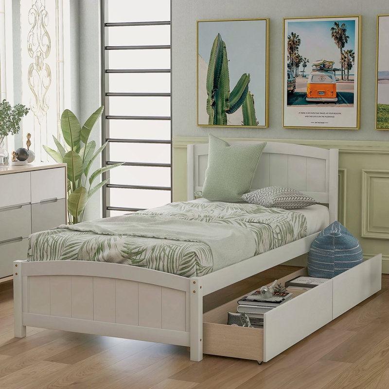 Lit plateforme simple avec deux tiroirs, Blanc