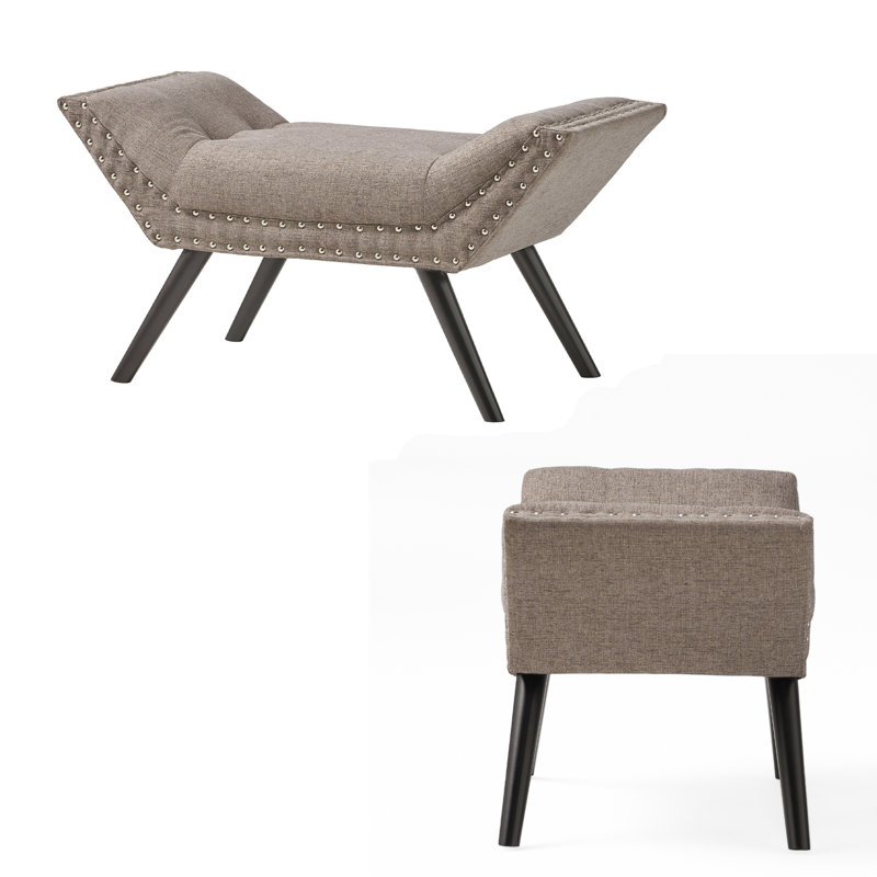 Contemporary Upholstered Ottoman Bench – Soft Padded Fabric With Black Wooden Legs And Decorative Nailhead Trim, Gray