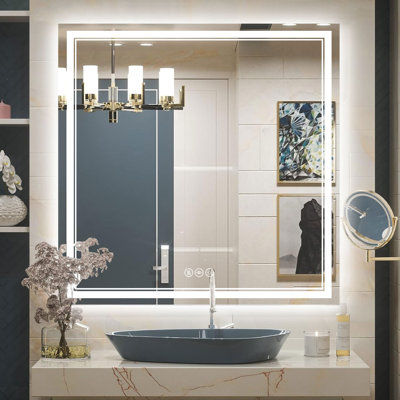 Miroir de salle de bain anti-buée en verre trempé à DEL, 3 températures de couleur avec façade et rétroéclairage, conforme Rohs et CRU