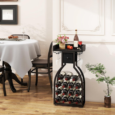 Wine Rack Freestanding Floor,Wine Storage 15 Bottles Bottle Rack With Glass Holders, Mini Bar Wine Cabinet With Storage Drawer For Home Bar Kitchen Di by Everly Quinn