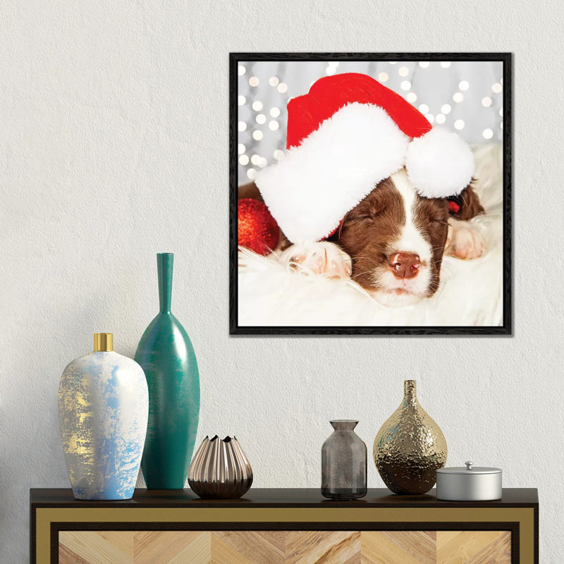Puppy Wearing Santa Hat While Napping On II by Susan Richey - Gallery-Wrapped Canvas Giclée on Canvas, Black Framed