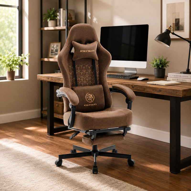 Adjustable Reclining Ergonomic Faux Leather Swiveling PC & Racing Game Chair, Brown Faux Leather