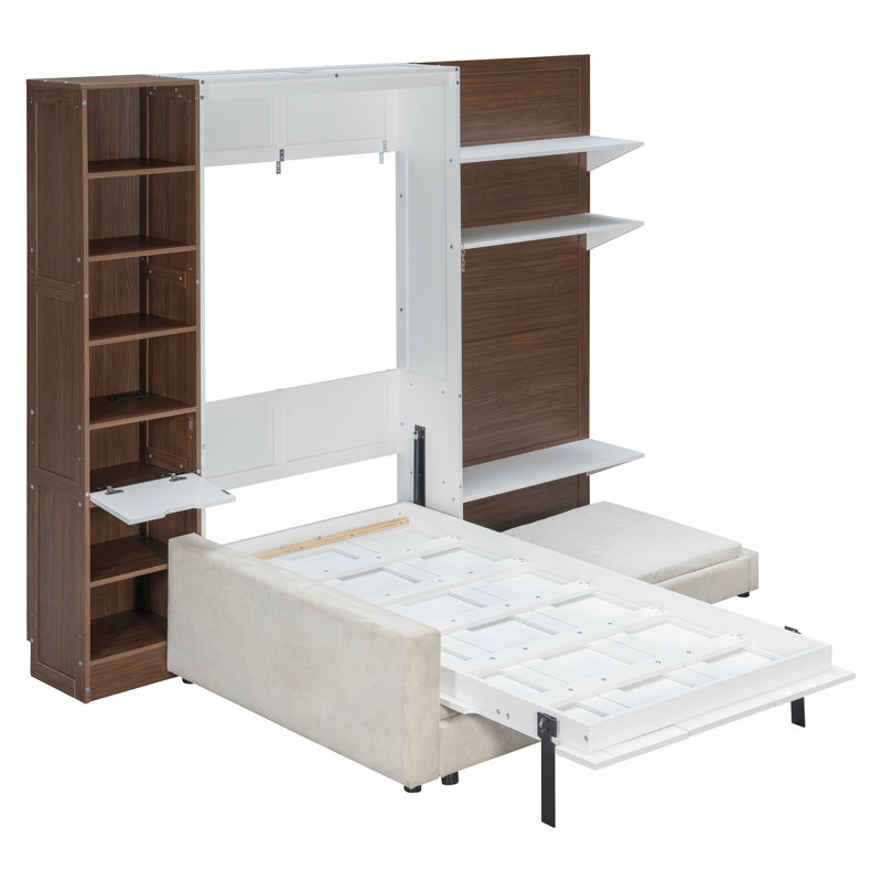 Lit escamotable simple avec tablettes, armoire de rangement, canapé et panneau imprimé, Blanc
