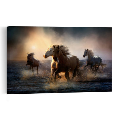 Chevaux au galop, paysage abstrait et dramatique de chevaux dorés et éthérés, impression d'art mural sur le thème de la nature