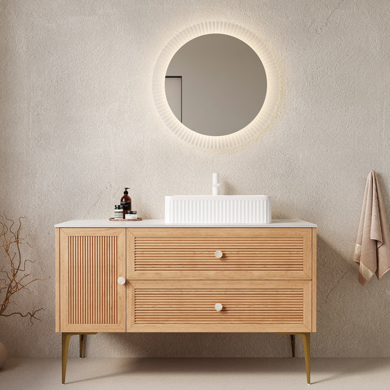 Meuble-lavabo de salle de bain 48 po avec finition en chêne, lavabo rectangulaire en céramique blanche, 4 pieds en métal, 2 tiroirs et 1 porte, contreplaqué haute résistance, meuble-lavabo autoportant facile à installer, lavabo,