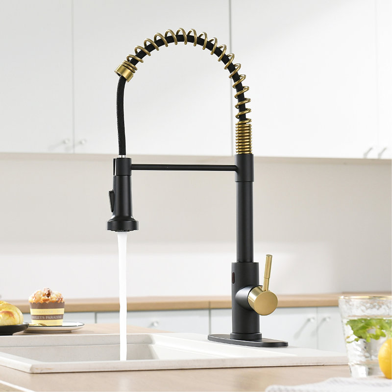 Touchless Kitchen Faucet With Pull Down Spray - Hands Automatic Smart, Black + Gold, Contemporary, Stainless Steel, Ceramic Fill Smart Touchless, , Contemporary Design, Filler