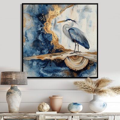Avrilyn Heron In Golden Chinese Ink Landscape III - Heron Wall Art