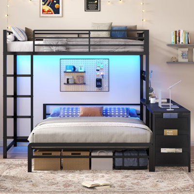 Lits simples superposés avec lit double avec bureau pour 2 personnes, 4 tiroirs de rangement et barrettes d'alimentation, lit superposé double en métal avec lumières à DEL, barrière de sécurité, panneau perforé pour chambre à coucher