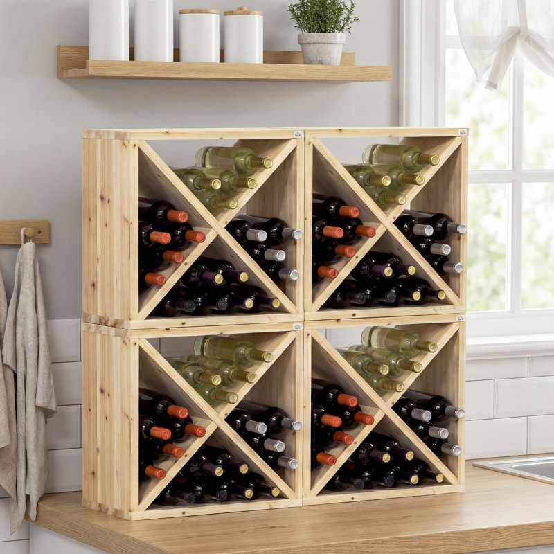 24 Bottle Solid Wood Open Shelving Wine Bottle Rack in Beige