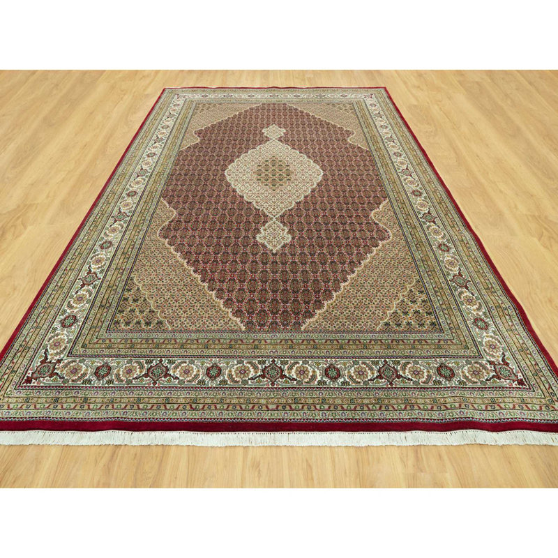 10'x14'3" Crabby Apple Red Shiny Wool Tabriz with Hand Knotted All Over Mahi Design Rug