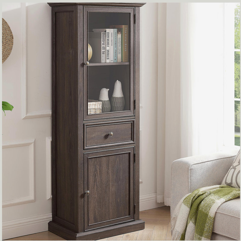 Bibliothèque moderne avec portes et tablettes en verre, armoire-buffet autoportante polyvalente avec tiroir, Brun