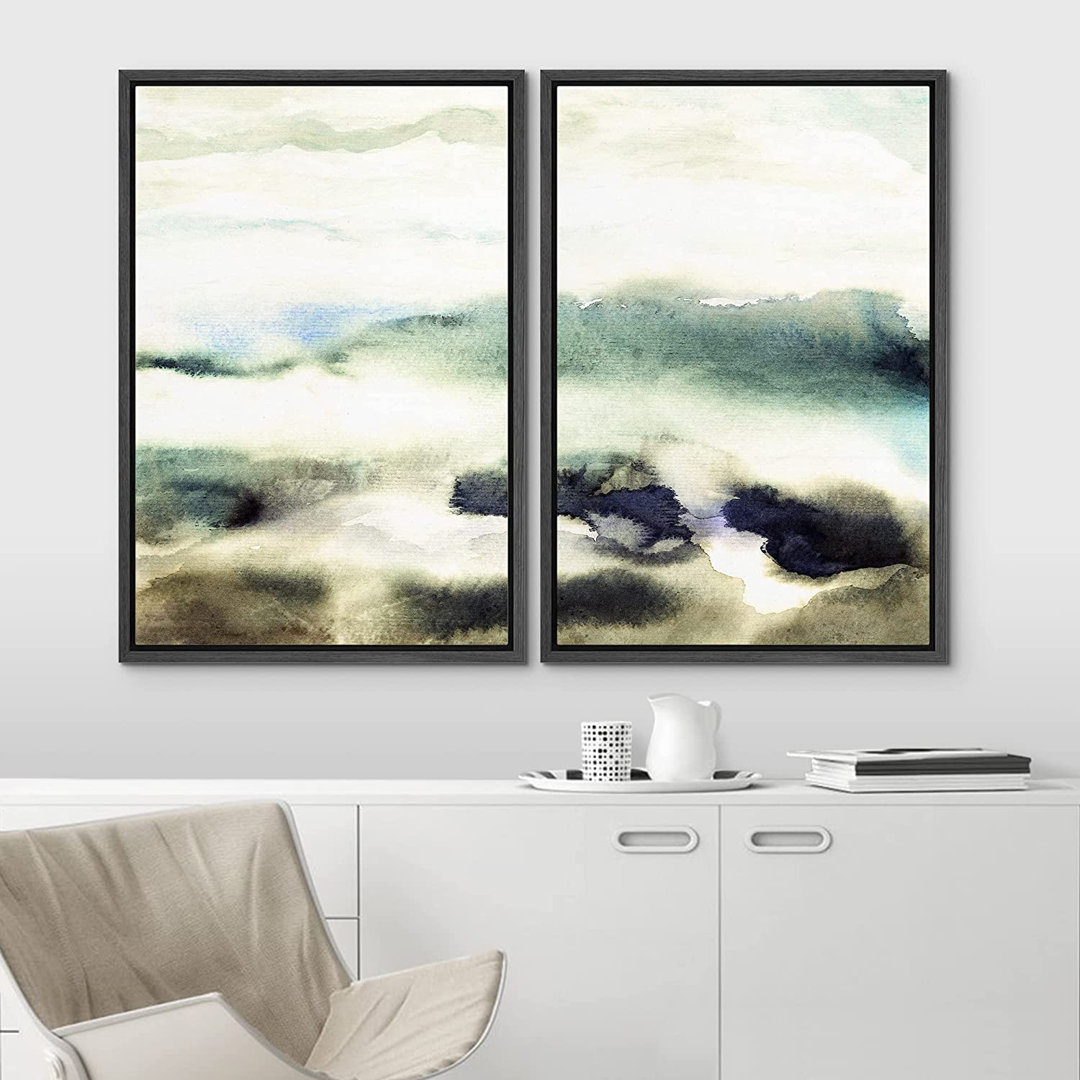 IDEA4WALL Framed Wall Art Print Set Misty Watercolor Pastel Ocean Beach Landscape Wilderness Nature Illustrations Modern Art Boho Graphic Colorful For Living Room, Bedroom, Office IDEA4WALL Frame
