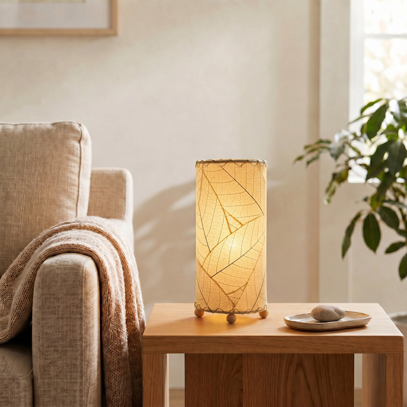Lampe de table cylindrique 12 pouces feuille de cacao naturel, Naturel